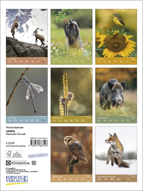 Bild: 9783731887546 | Heimische Tierwelt 2026 | Verlag Korsch | Kalender | Spiralbindung