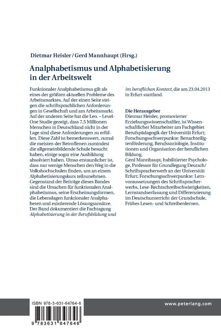 Rückseite: 9783631647646 | Analphabetismus und Alphabetisierung in der Arbeitswelt | Buch | 2014