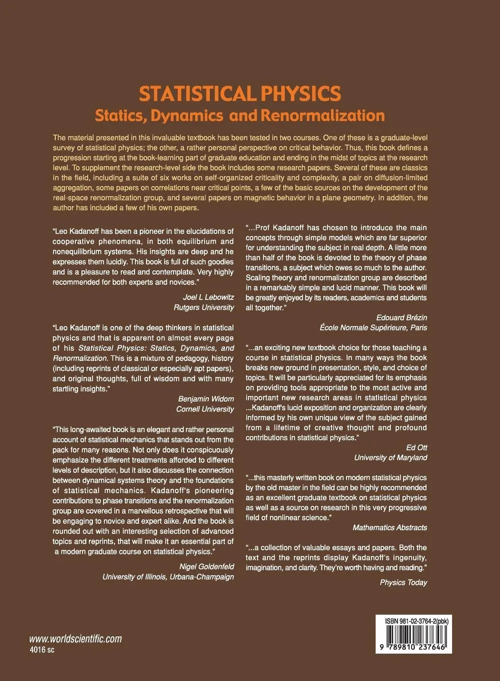 Rückseite: 9789810237646 | STATISTICAL PHYSICS | STATICS, DYNAMICS... | Leo P Kadanoff | Buch