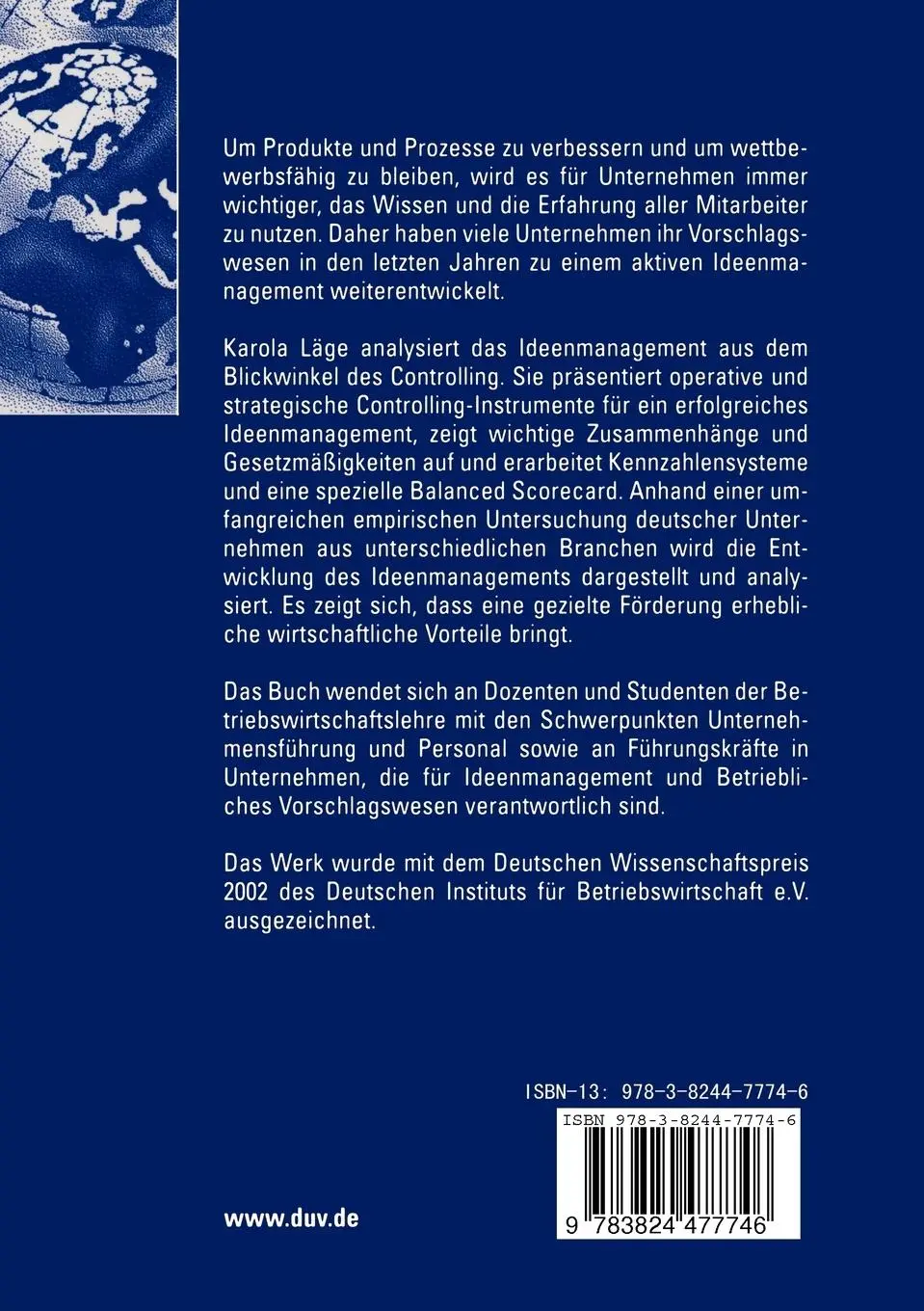 Rückseite: 9783824477746 | Ideenmanagement | Grundlagen, optimale Steuerung und Controlling | xx