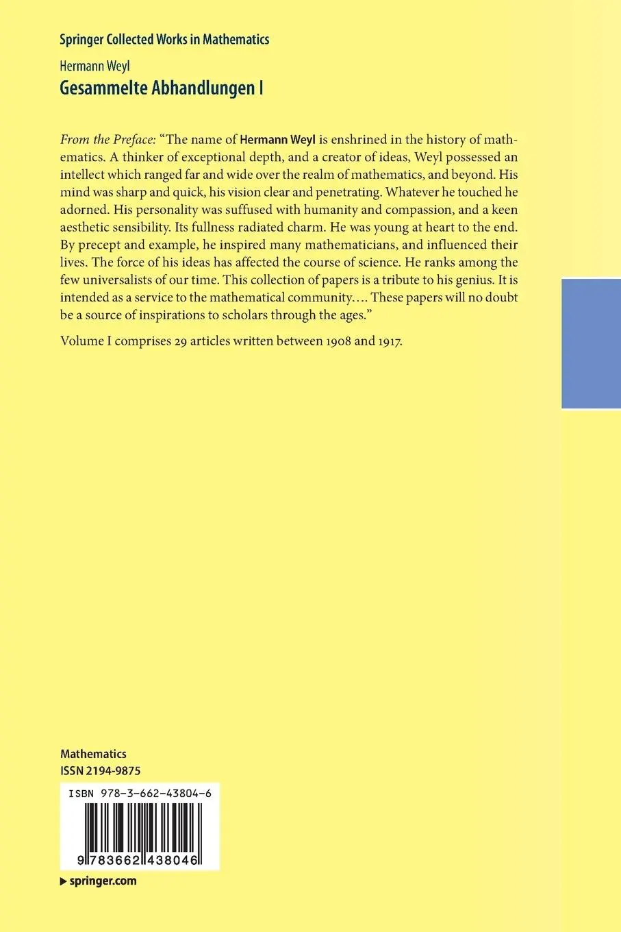 Rückseite: 9783662438046 | Gesammelte Abhandlungen I | Hermann Weyl | Taschenbuch | Deutsch
