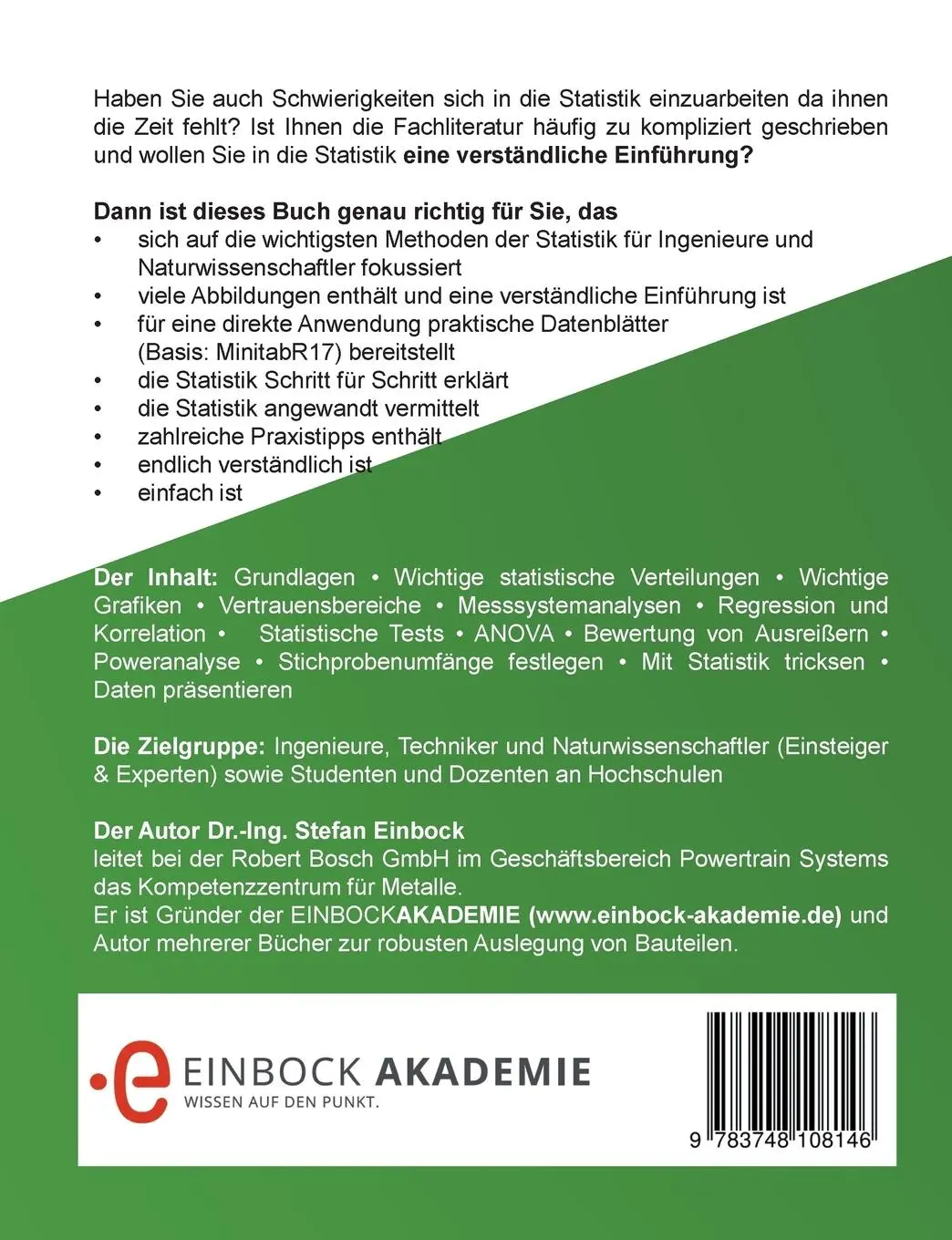 Rückseite: 9783748108146 | Statistik mit Minitab | Stefan Einbock | Taschenbuch | Paperback