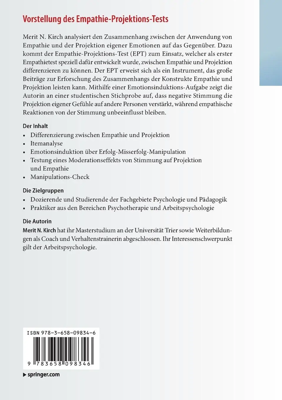 Rückseite: 9783658098346 | Vorstellung des Empathie-Projektions-Tests | Merit N. Kirch | Buch