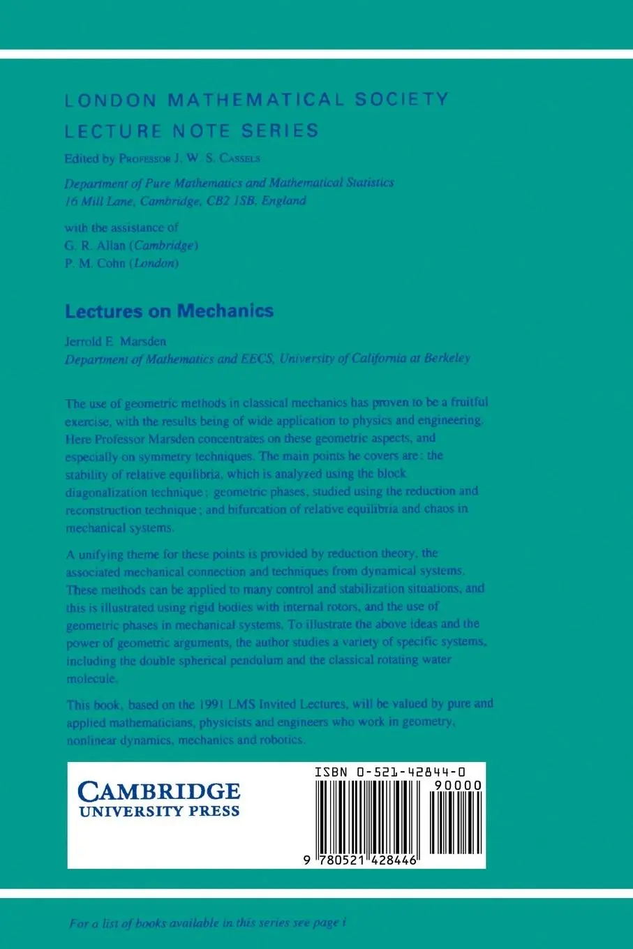 Rückseite: 9780521428446 | Lectures on Mechanics | Jerrold E. Marsden | Taschenbuch | Englisch