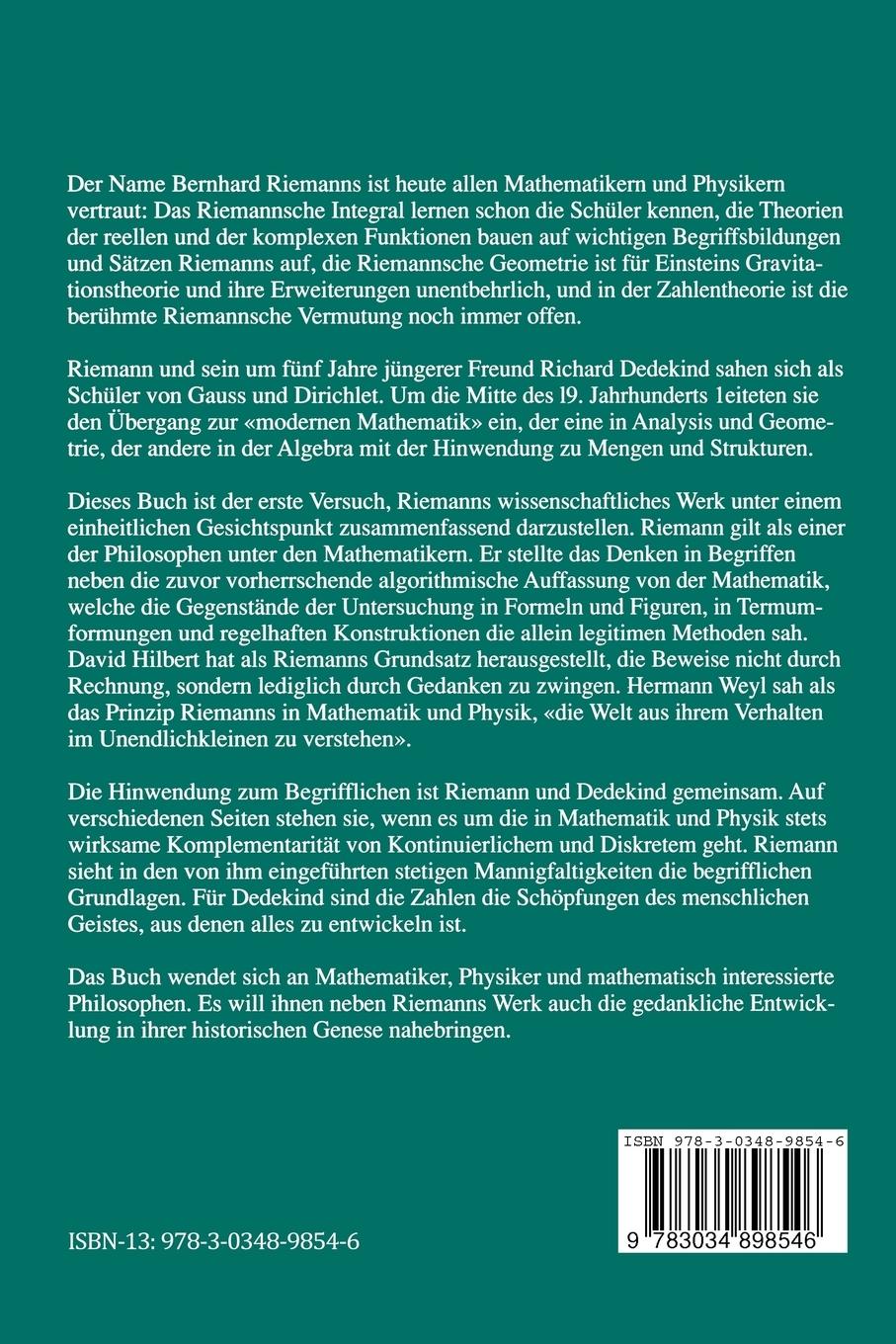 Rückseite: 9783034898546 | Bernhard Riemann 1826-1866 | Detlef Laugwitz | Taschenbuch | 348 S.