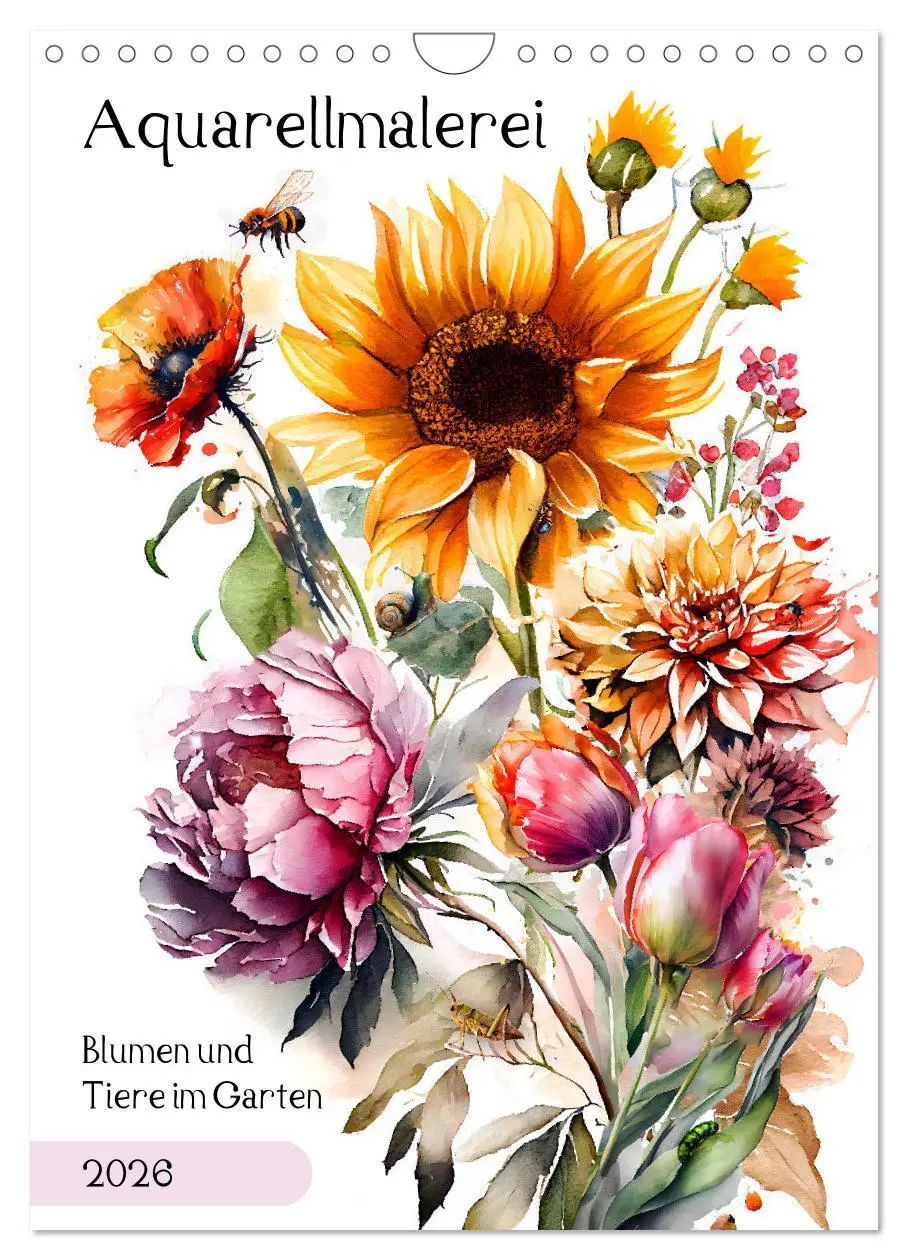 Cover: 9783516328646 | Aquarellmalerei - Blumen und Tiere im Garten (Wandkalender 2026 DIN...