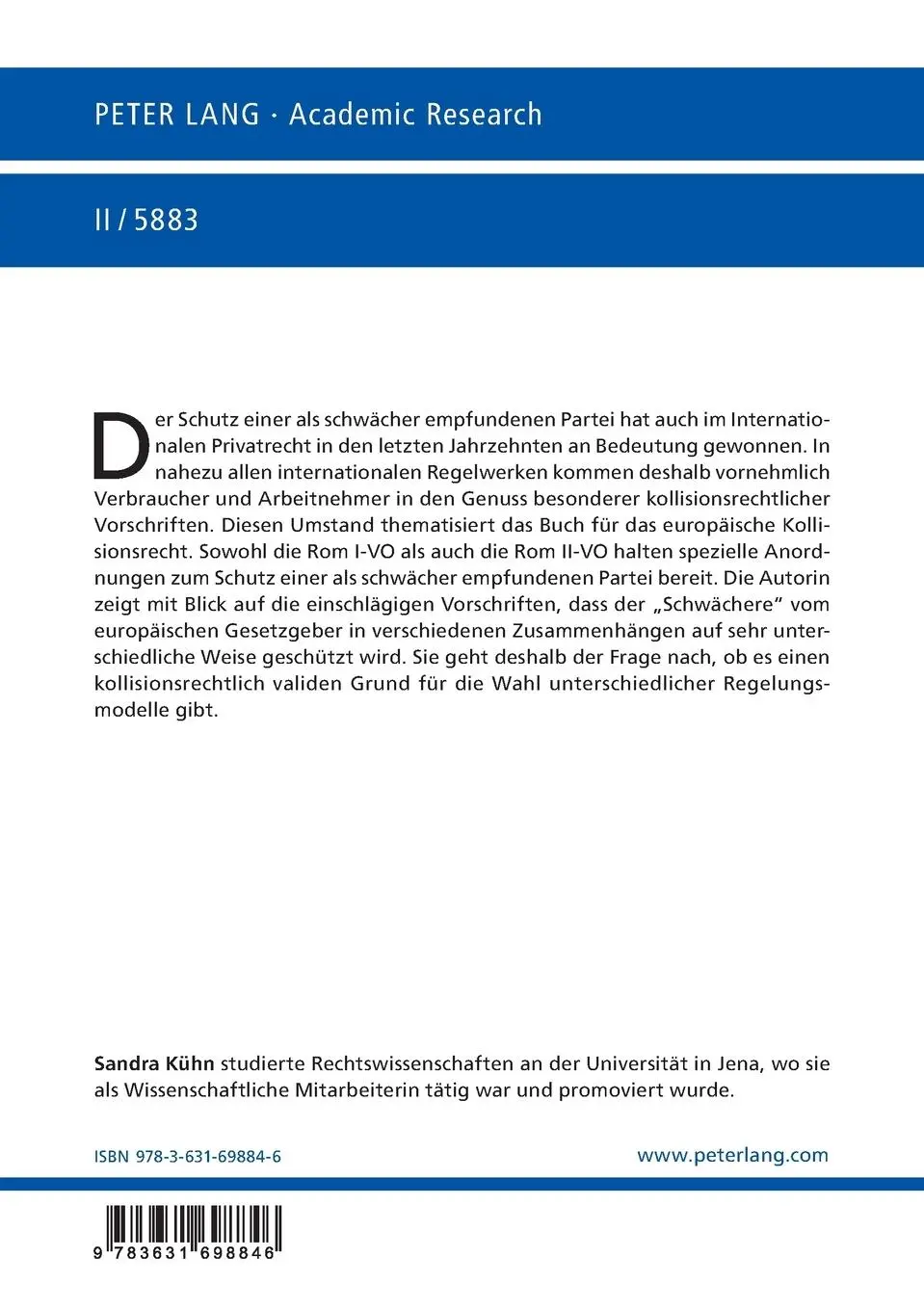 Rückseite: 9783631698846 | Rechtswahlbeschränkungen zum Schutz des Schwächeren | Sandra Kühn