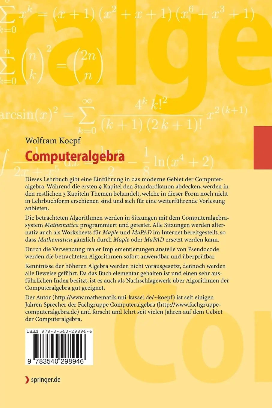 Rückseite: 9783540298946 | Computeralgebra | Eine algorithmisch orientierte Einführung | Koepf