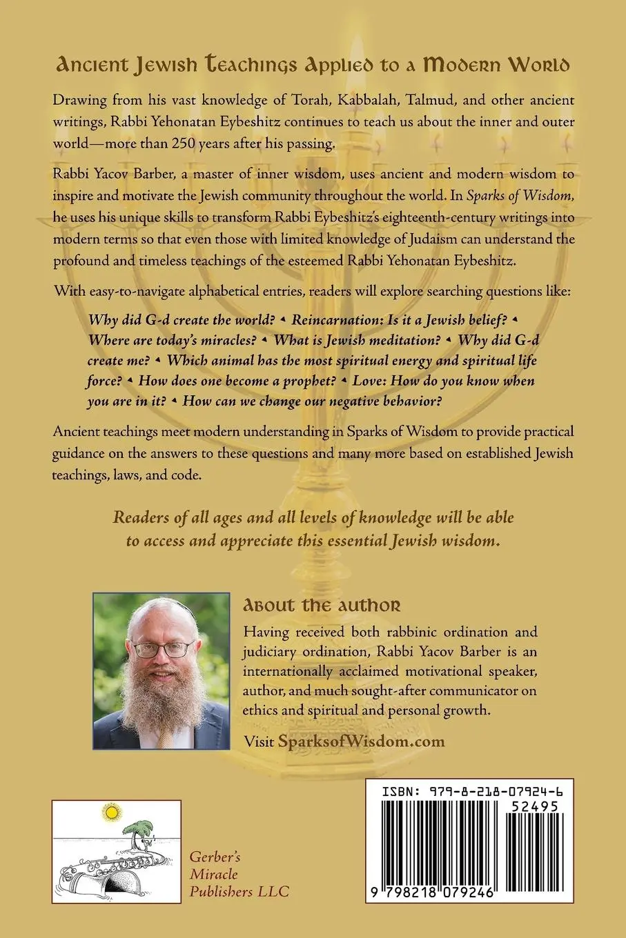 Rückseite: 9798218079246 | Sparks of Wisdom | from Rabbi Yehonatan Eybeshitz | Rabbi Yacov Barber