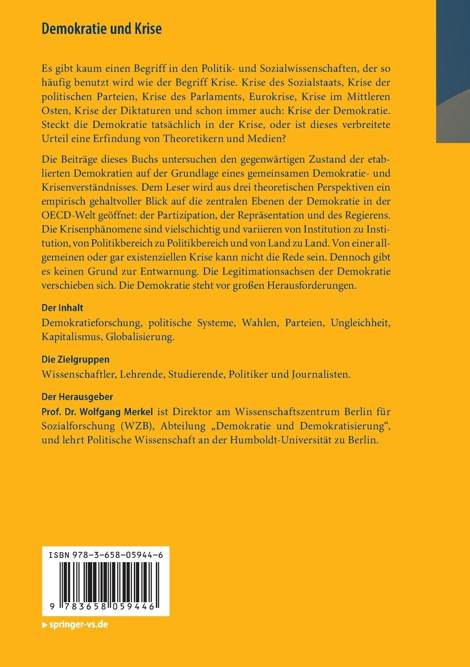 Rückseite: 9783658059446 | Demokratie und Krise | Wolfgang Merkel | Taschenbuch | vi | Deutsch