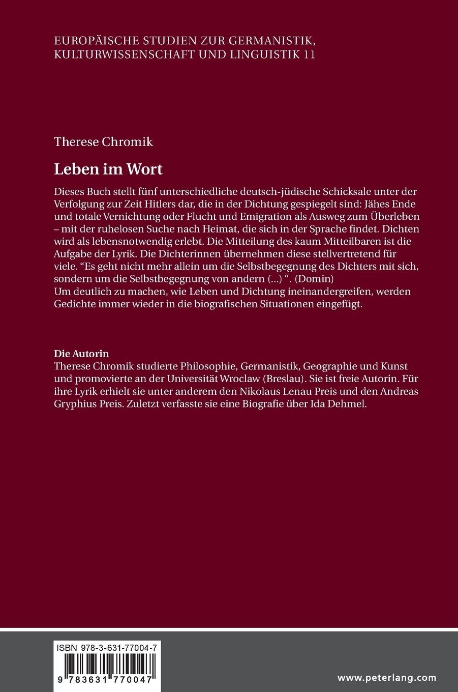 Rückseite: 9783631770047 | Leben im Wort | Dichterinnen in bedrohlicher Zeit | Therese Chromik