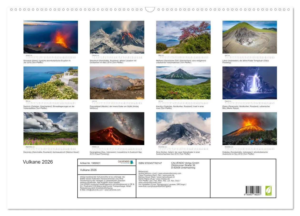 Bild: 9783457760147 | Vulkane 2026 (Wandkalender 2026 DIN A2 quer), CALVENDO Monatskalender