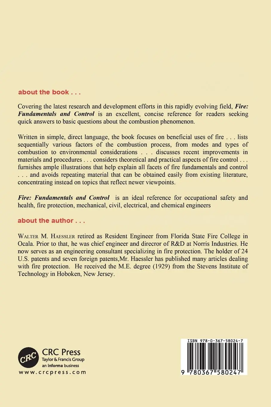Rückseite: 9780367580247 | Fire | Fundamentals and Control | Walter M. Haessler | Taschenbuch