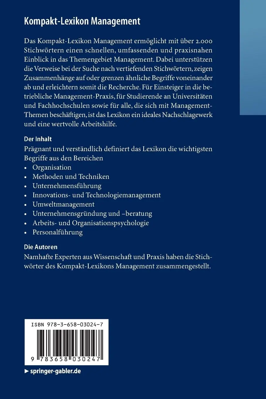 Rückseite: 9783658030247 | Kompakt-Lexikon Management | Springer Fachmedien Wiesbaden | Buch | x