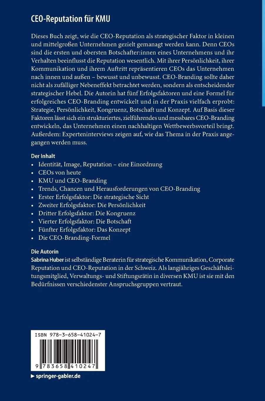 Rückseite: 9783658410247 | CEO-Reputation für KMU | Sabrina Huber | Buch | xx | Deutsch | 2023