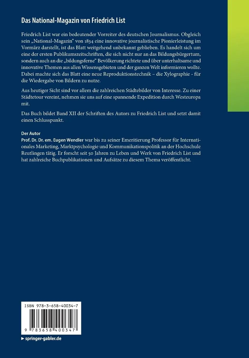 Rückseite: 9783658400347 | Das National-Magazin von Friedrich List | Eugen Wendler | Taschenbuch