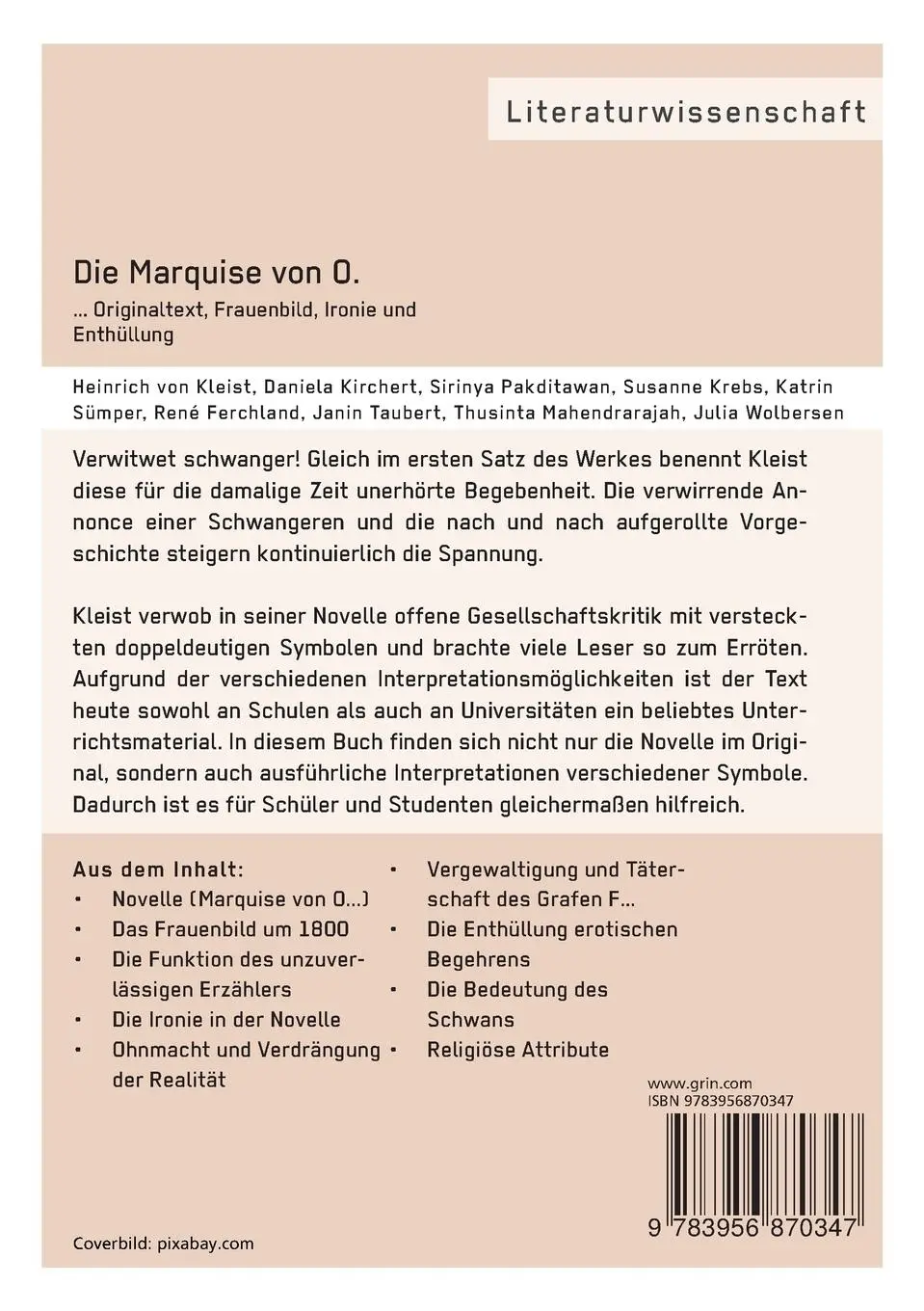 Rückseite: 9783956870347 | Die Marquise von O. Originaltext, Frauenbild, Ironie und Enthüllung