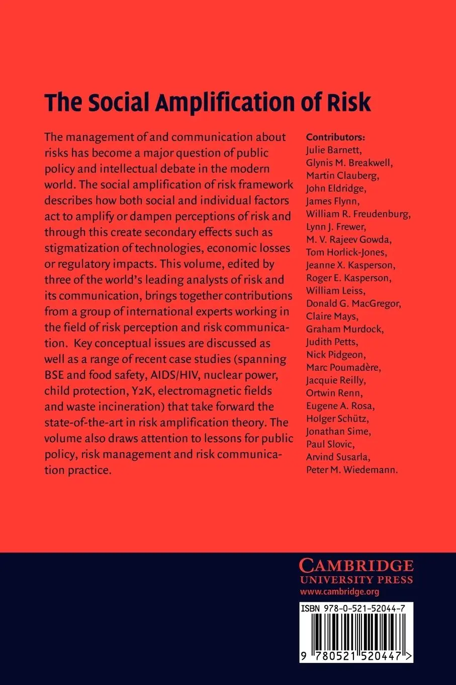 Rückseite: 9780521520447 | The Social Amplification of Risk | Nick Pidgeon (u. a.) | Taschenbuch