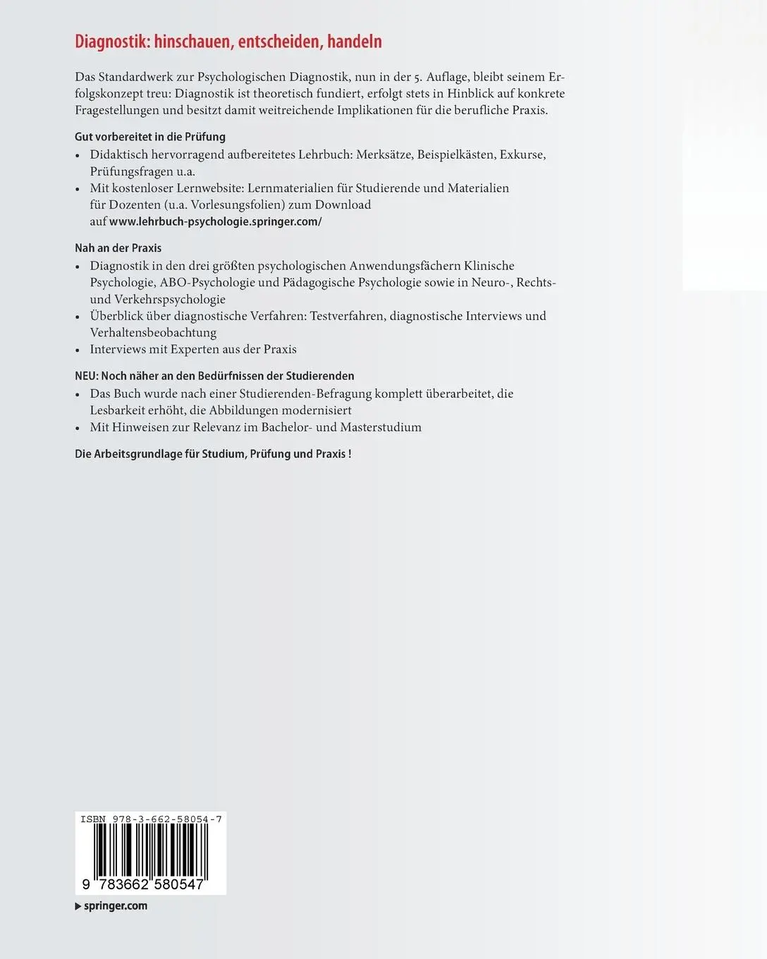 Rückseite: 9783662580547 | Psychologische Diagnostik | Lothar Schmidt-Atzert (u. a.) | Buch | xvi