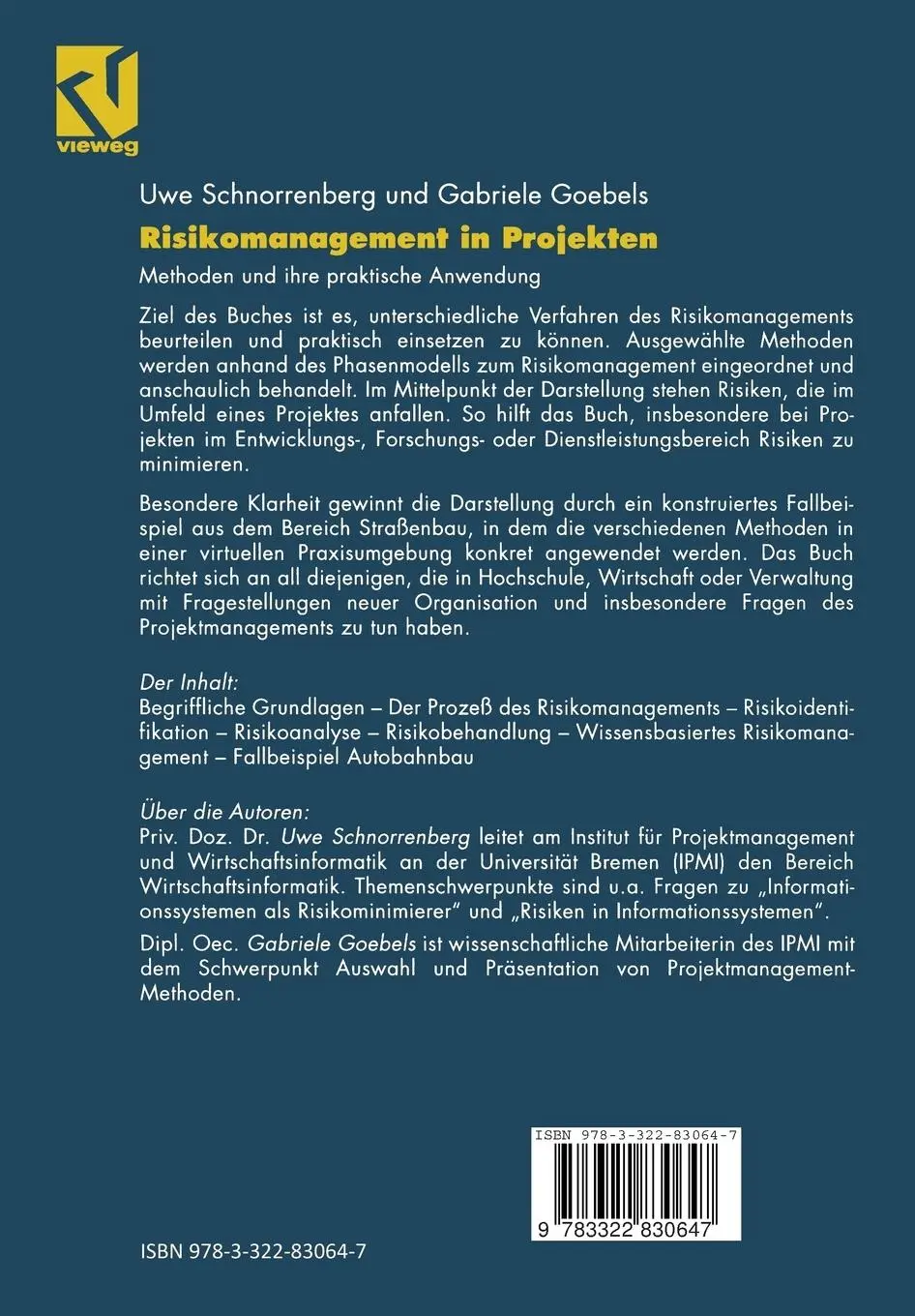 Rückseite: 9783322830647 | Risikomanagement in Projekten | Methoden und ihre praktische Anwendung