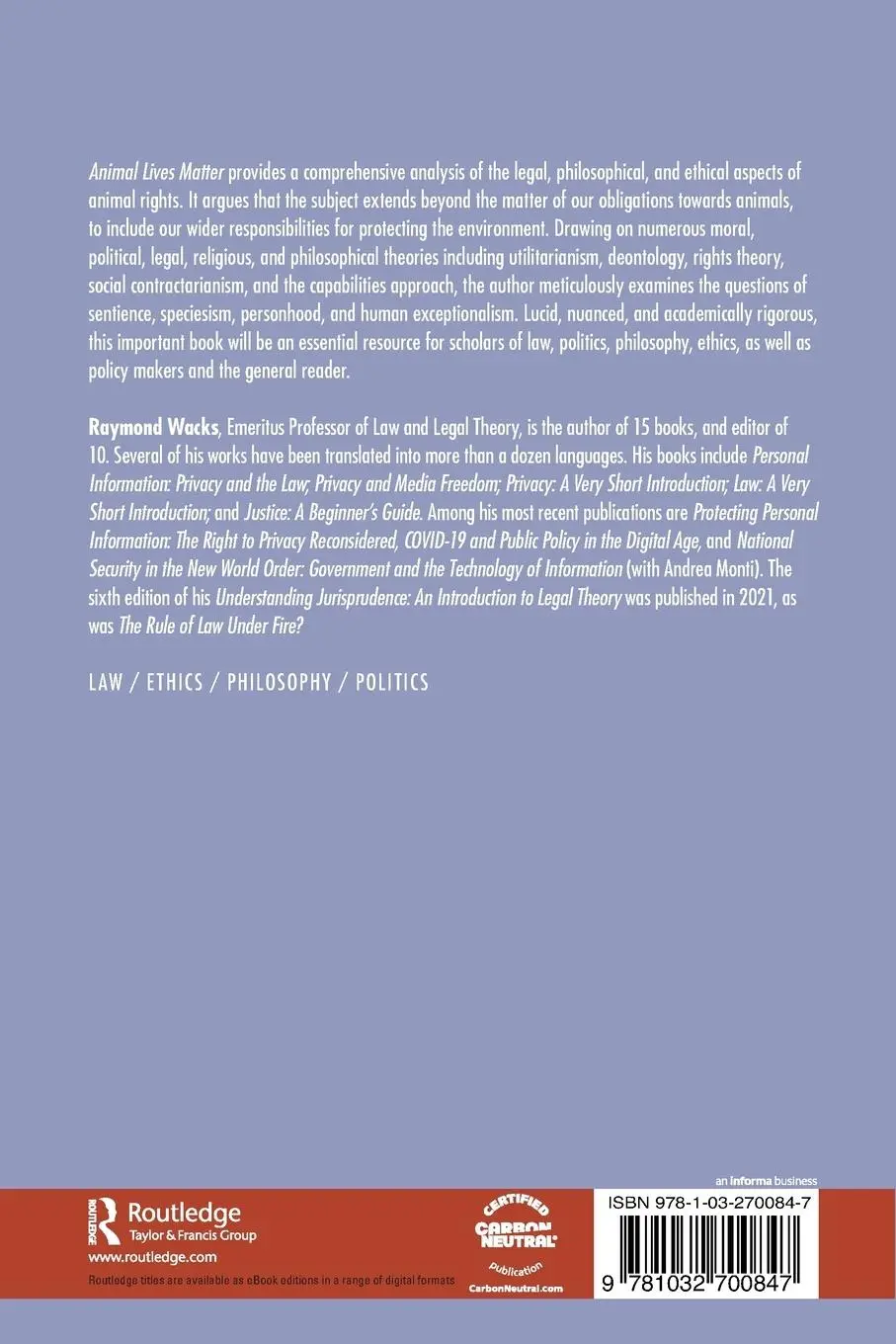 Rückseite: 9781032700847 | Animal Lives Matter | The Continuing Quest for Justice | Raymond Wacks