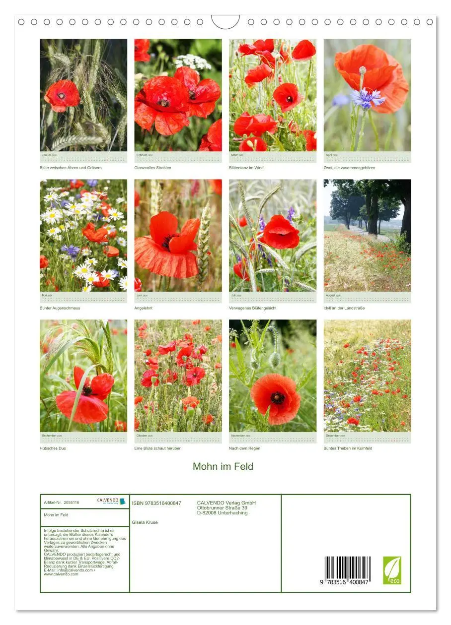 Bild: 9783516400847 | Mohn im Feld (Wandkalender 2026 DIN A3 hoch), CALVENDO Monatskalender