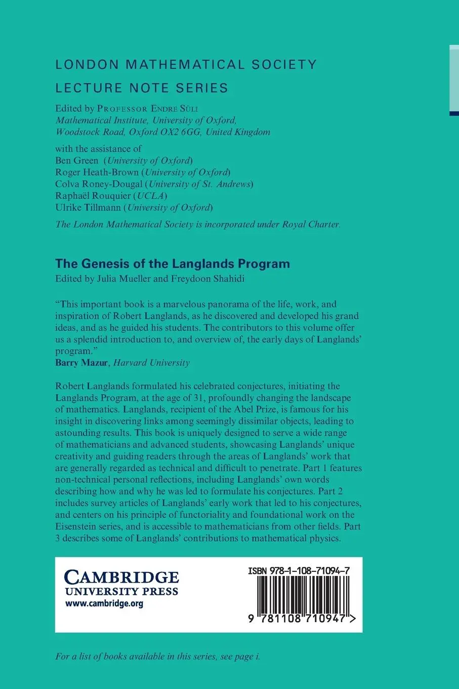 Rückseite: 9781108710947 | The Genesis of the Langlands Program | Julia Mueller (u. a.) | Buch