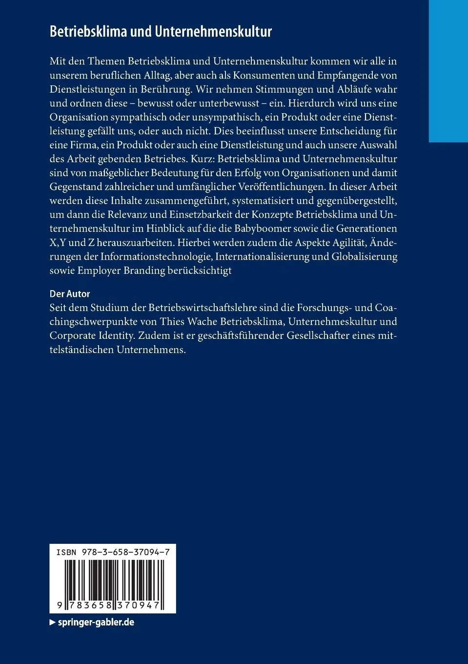 Rückseite: 9783658370947 | Betriebsklima und Unternehmenskultur | Thies Wache | Taschenbuch