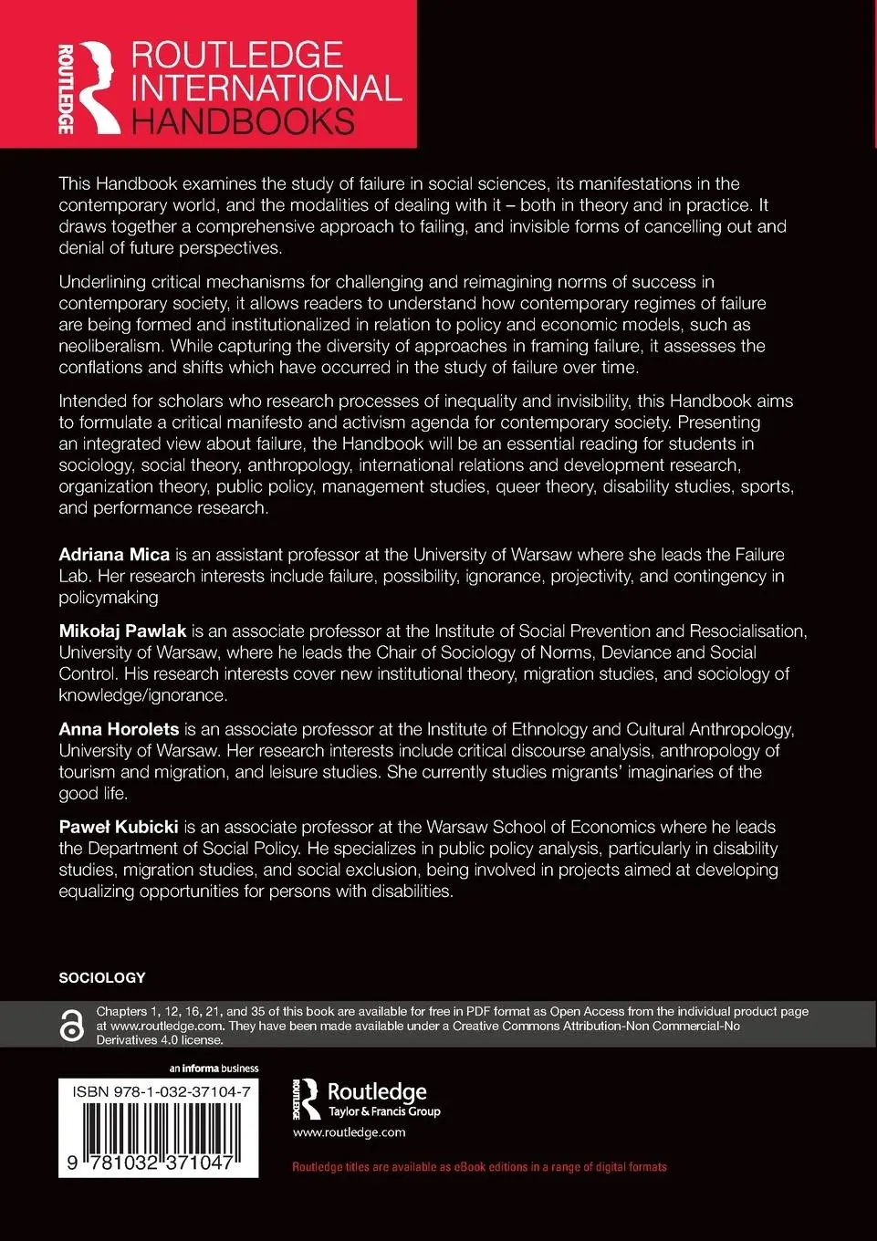Rückseite: 9781032371047 | Routledge International Handbook of Failure | Adriana Mica (u. a.)