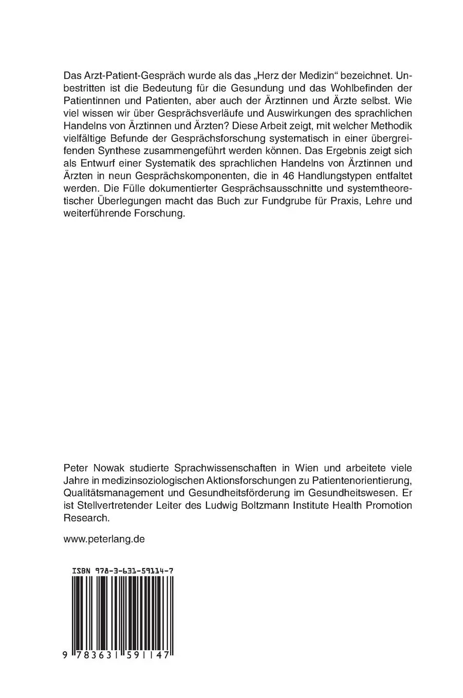 Rückseite: 9783631591147 | Eine Systematik der Arzt-Patient-Interaktion | Peter Nowak | Buch