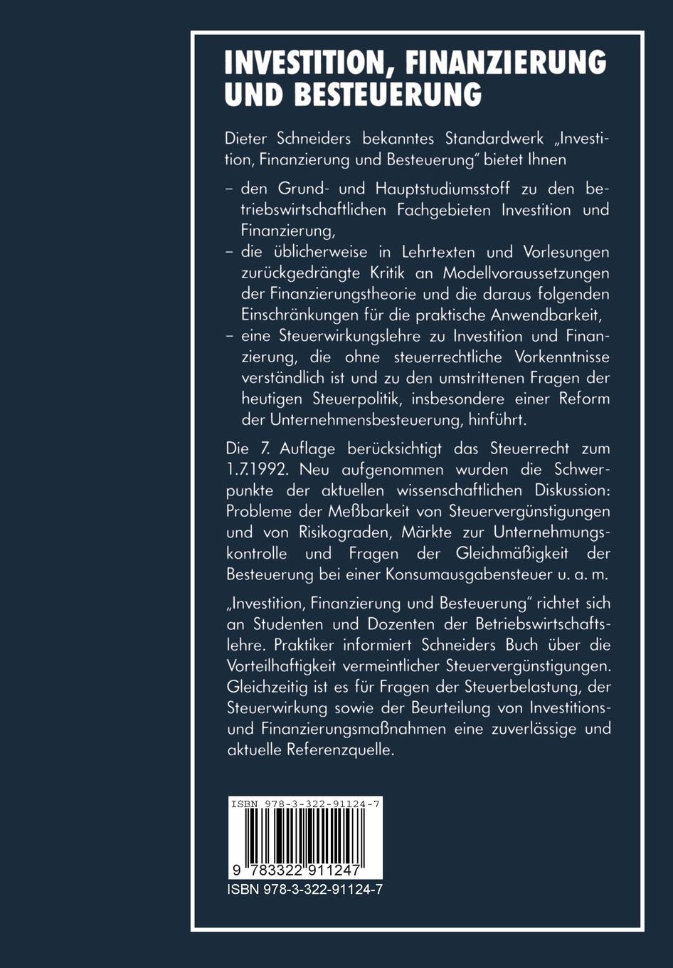 Rückseite: 9783322911247 | Investition, Finanzierung und Besteuerung | Dieter Schneider | Buch