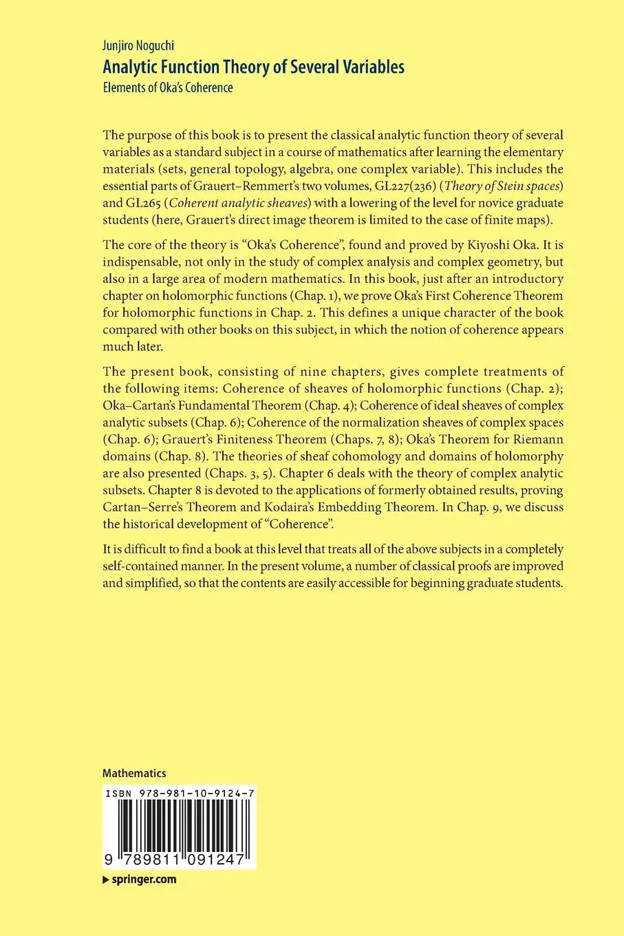 Rückseite: 9789811091247 | Analytic Function Theory of Several Variables | Junjiro Noguchi | Buch