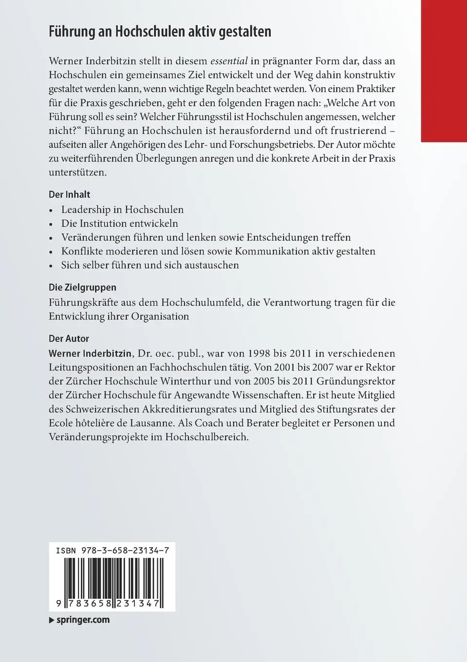 Rückseite: 9783658231347 | Führung an Hochschulen aktiv gestalten | Werner Inderbitzin | Buch