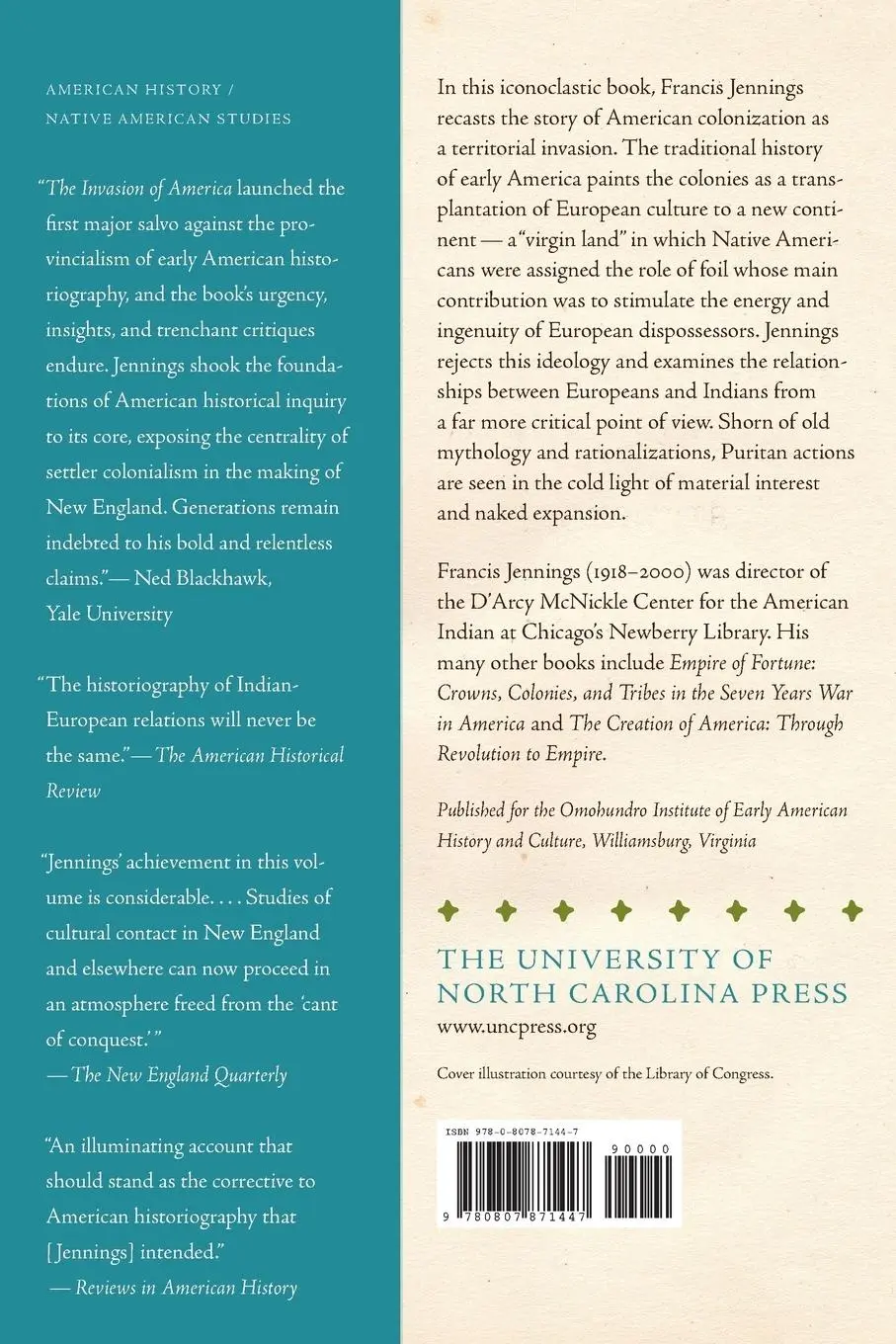 Rückseite: 9780807871447 | The Invasion of America | Francis Jennings | Taschenbuch | Englisch