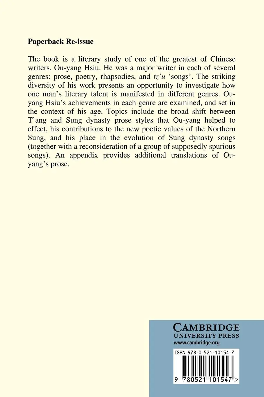 Rückseite: 9780521101547 | The Literary Works of Ou-Yang Hsui (1007 72) | Ronald C. Egan | Buch
