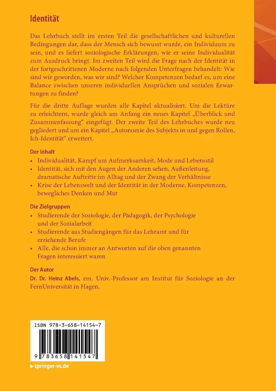 Rückseite: 9783658141547 | Identität | Heinz Abels | Taschenbuch | XI | Deutsch | 2016