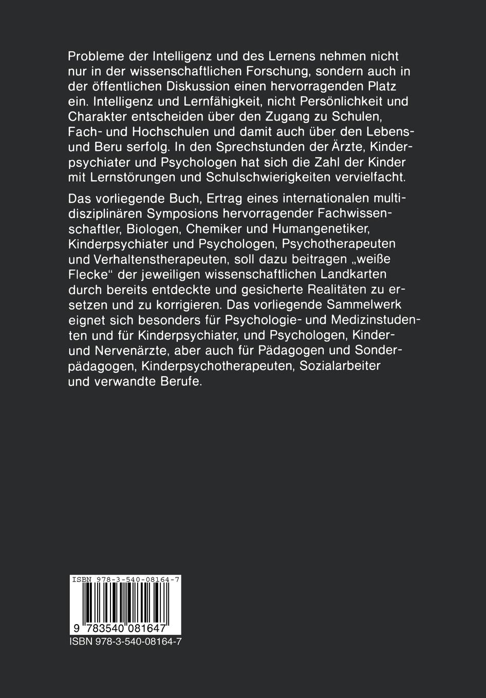 Rückseite: 9783540081647 | Intelligenz, Lernen und Lernstörungen | Theorie, Praxis und Therapie