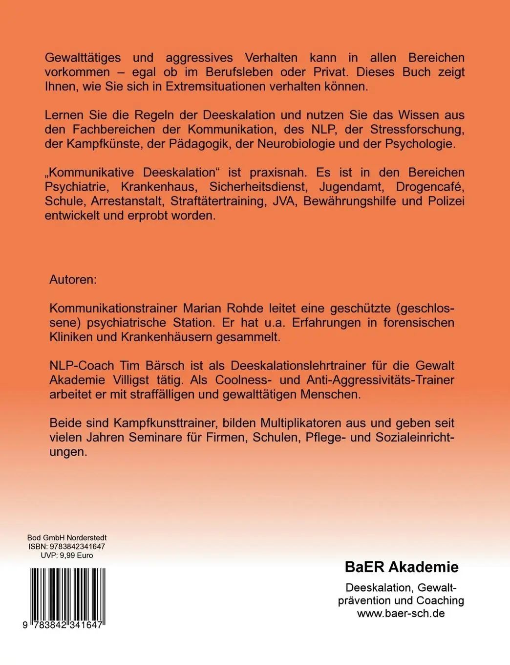 Rückseite: 9783842341647 | Kommunikative Deeskalation | Tim Bärsch (u. a.) | Taschenbuch | 144 S.