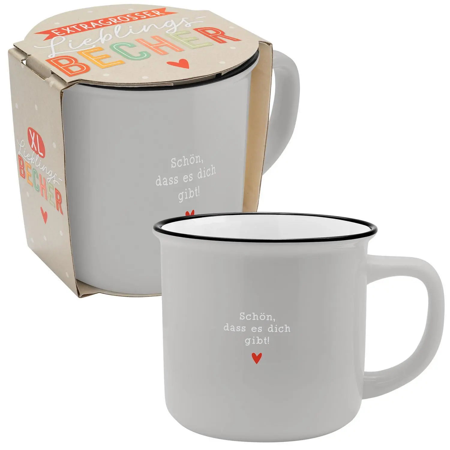 XL-Becher in Emailleoptik mit Motivdruck "Schön, dass es dich gibt"