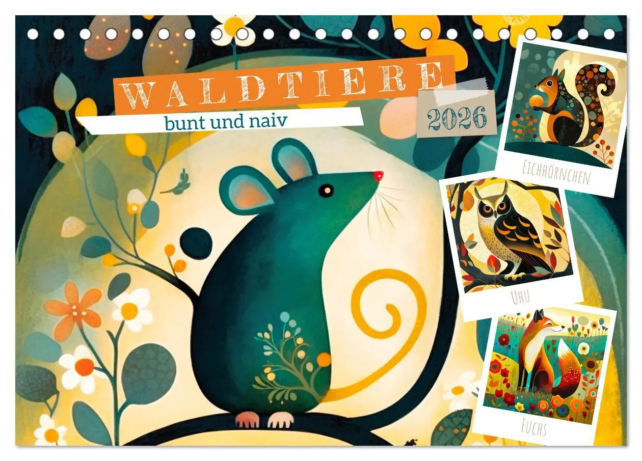 Cover: 9783457531747 | Waldtiere, bunt und naiv (Tischkalender 2026 DIN A5 quer), CALVENDO...
