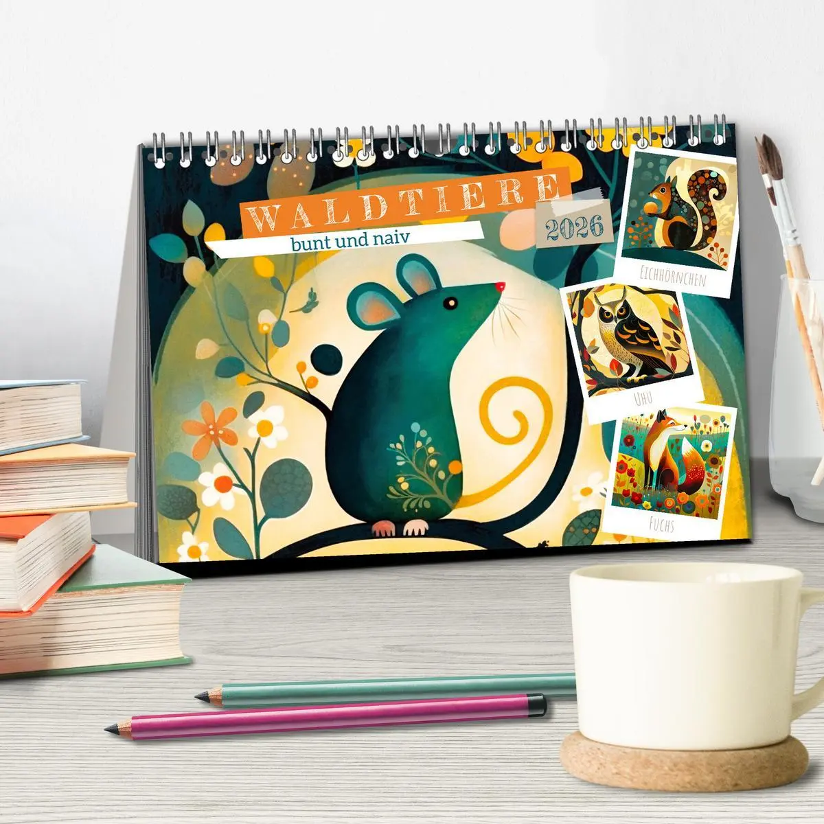 Bild: 9783457531747 | Waldtiere, bunt und naiv (Tischkalender 2026 DIN A5 quer), CALVENDO...