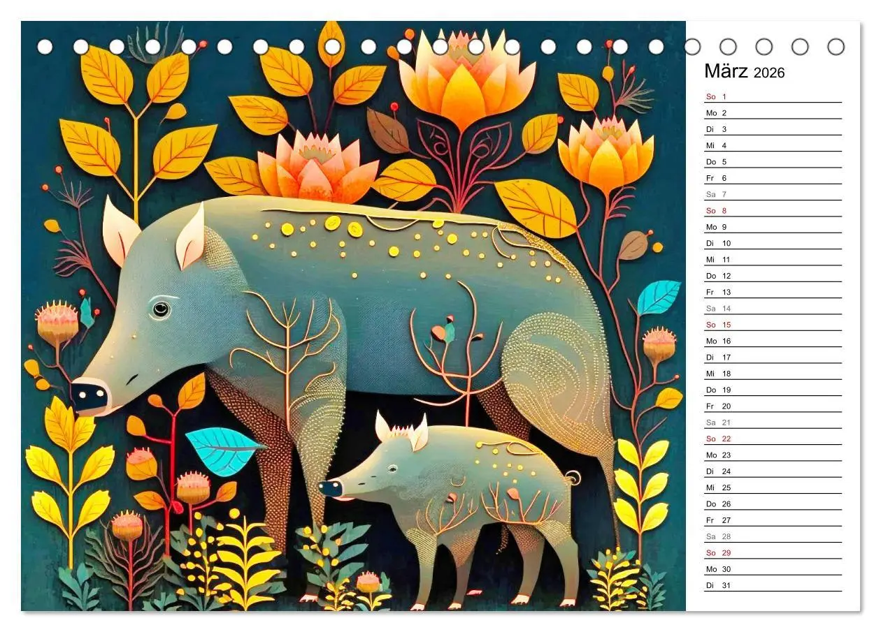 Bild: 9783457531747 | Waldtiere, bunt und naiv (Tischkalender 2026 DIN A5 quer), CALVENDO...