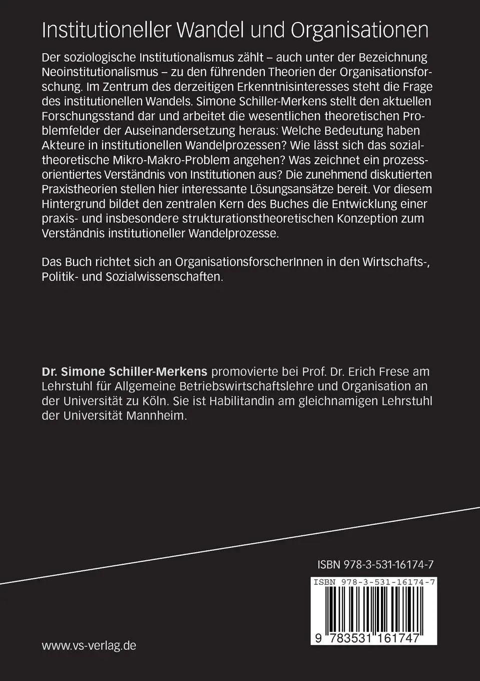 Rückseite: 9783531161747 | Institutioneller Wandel und Organisationen | Simone Schiller-Merkens