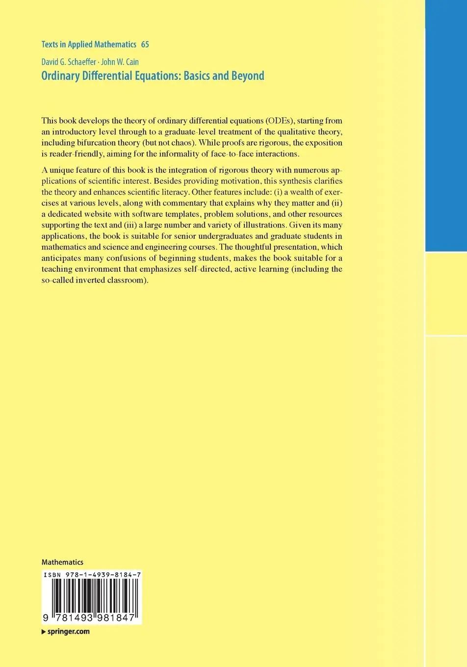 Rückseite: 9781493981847 | Ordinary Differential Equations: Basics and Beyond | Cain (u. a.)