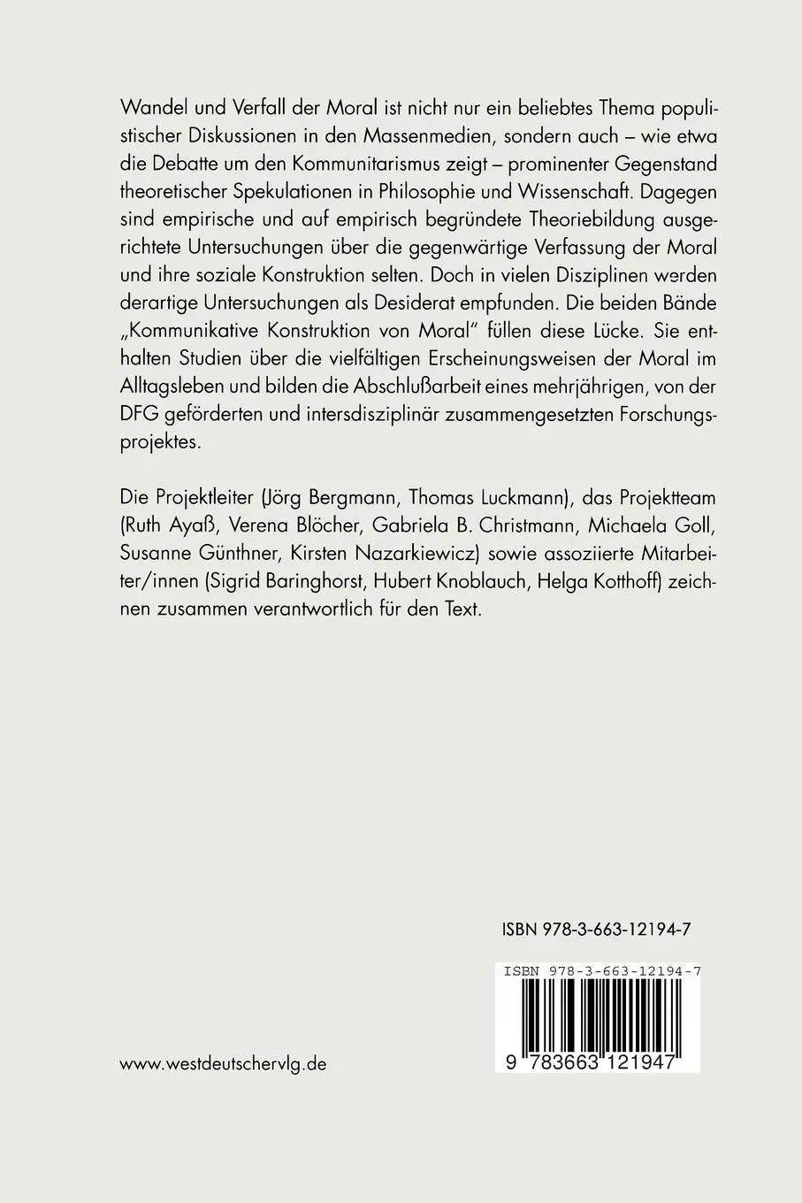 Rückseite: 9783663121947 | Kommunikative Konstruktion von Moral | Thomas Luckmann (u. a.) | Buch