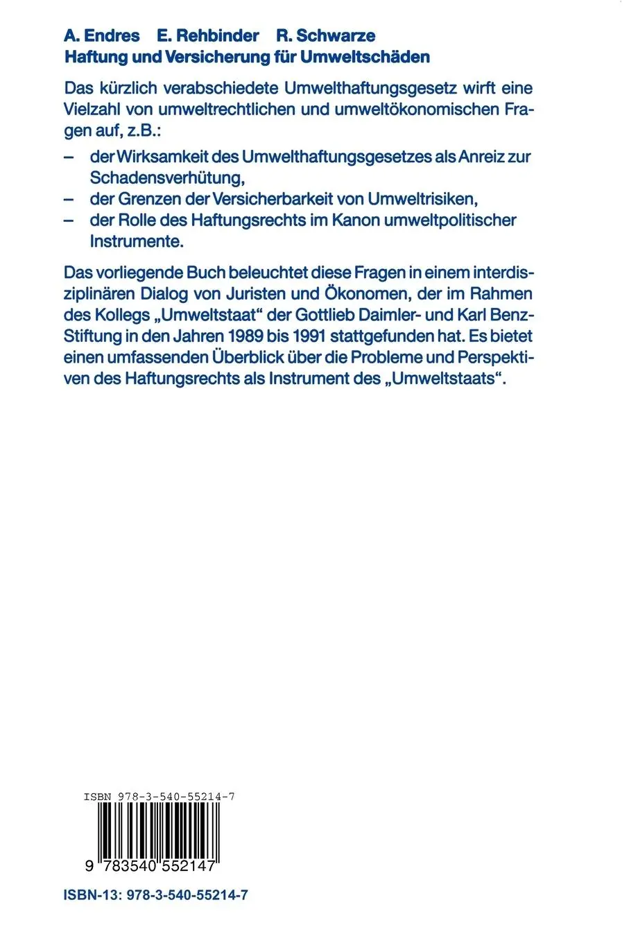 Rückseite: 9783540552147 | Haftung und Versicherung für Umweltschäden aus ökonomischer und...