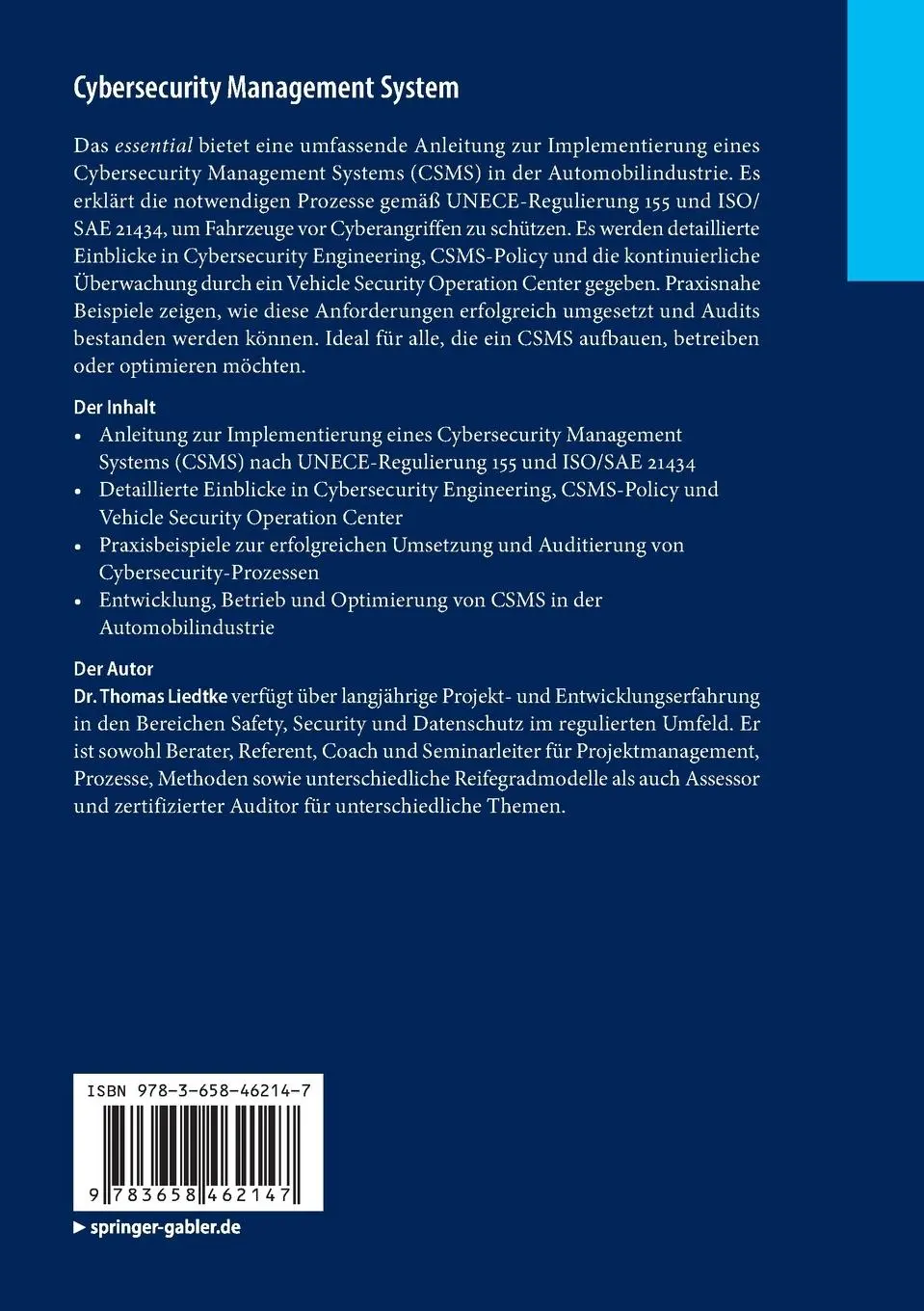 Rückseite: 9783658462147 | Cybersecurity Management System | Thomas Liedtke | Taschenbuch | xii