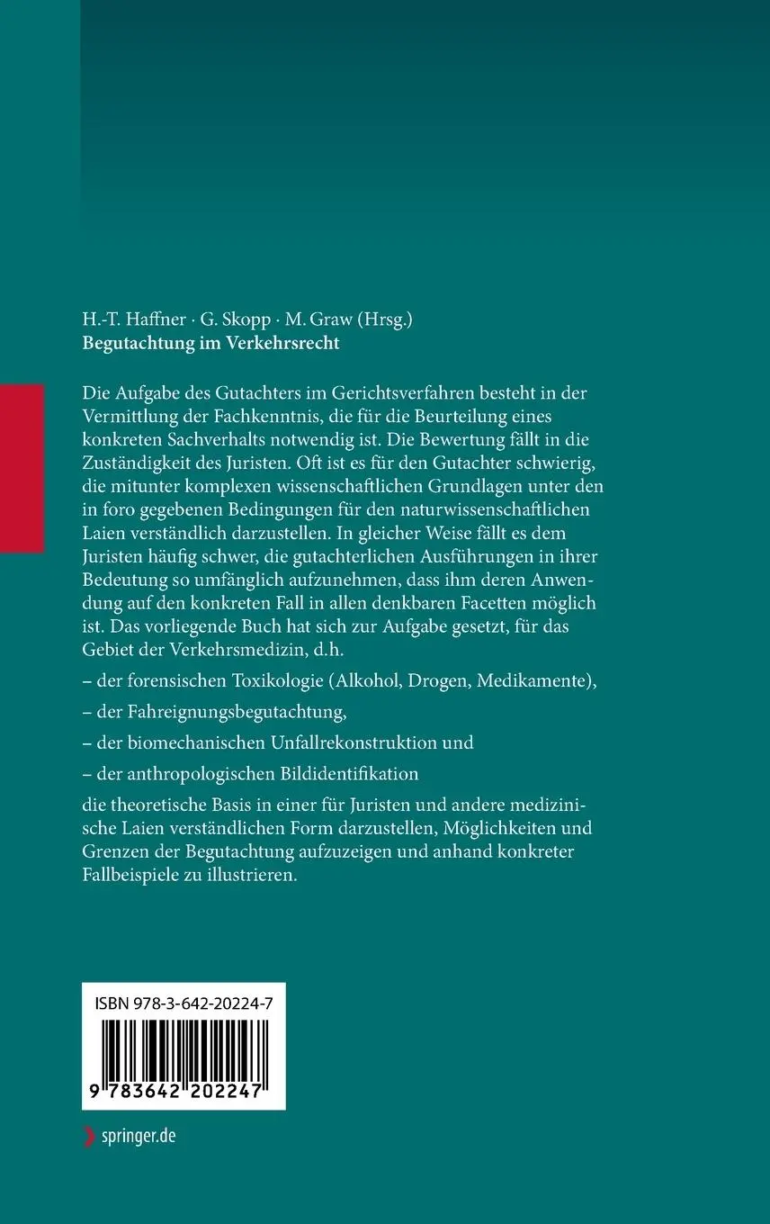 Rückseite: 9783642202247 | Begutachtung im Verkehrsrecht | Hans-Thomas Haffner (u. a.) | Buch
