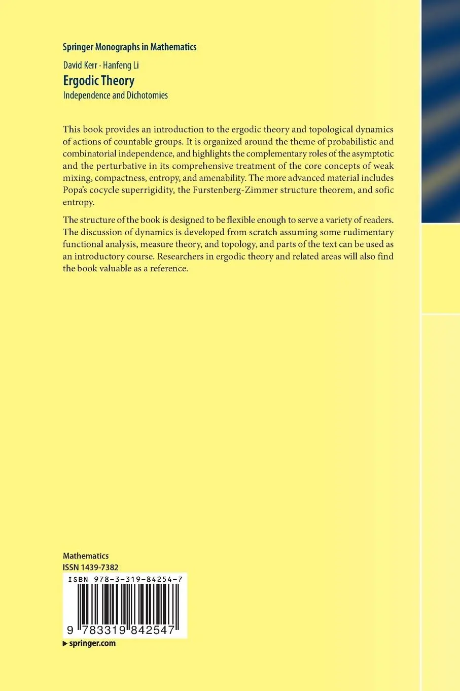 Rückseite: 9783319842547 | Ergodic Theory | Independence and Dichotomies | David Kerr (u. a.)