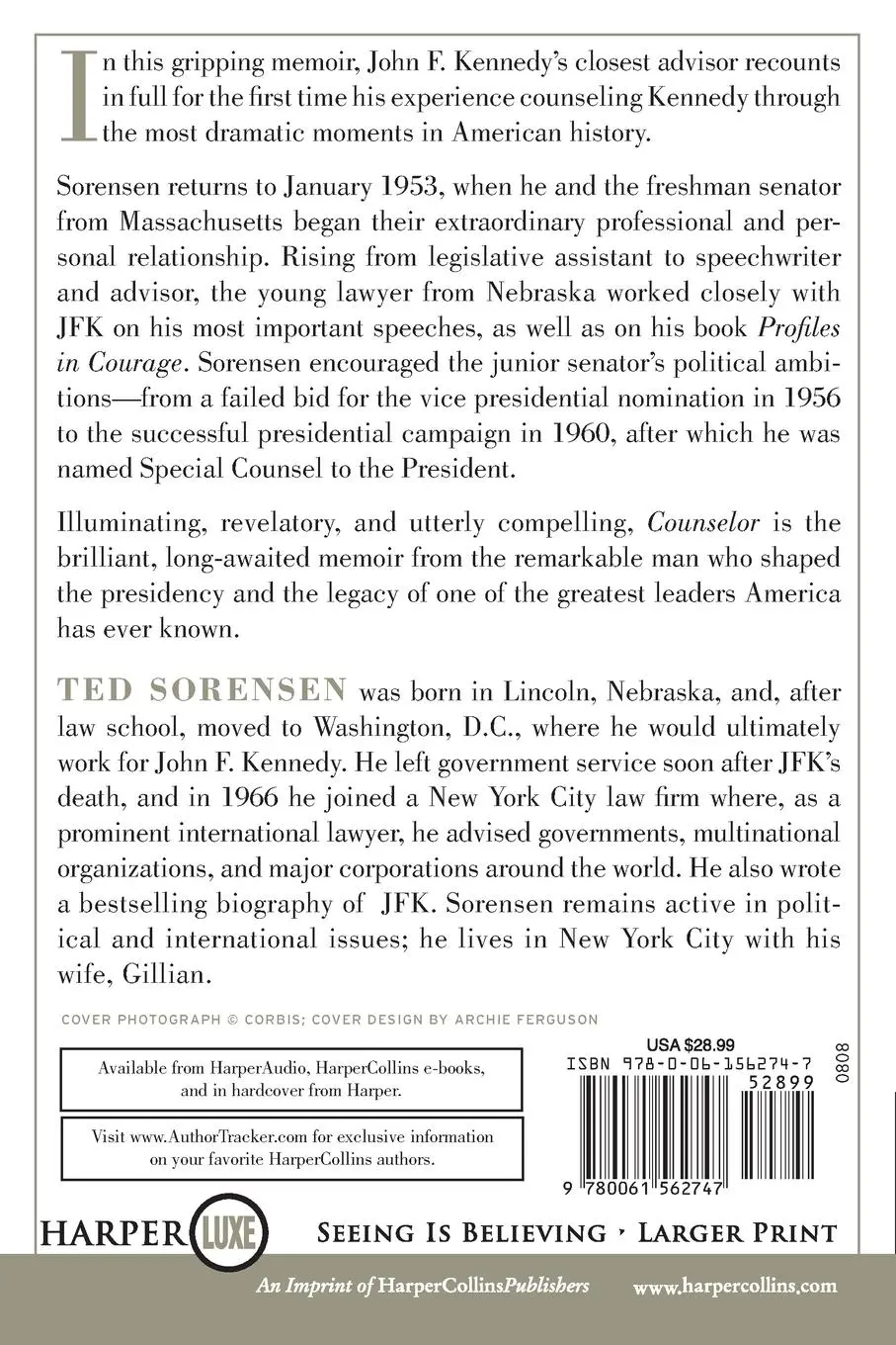 Rückseite: 9780061562747 | Counselor LP (Harperluxe) | Ted Sorensen | Taschenbuch | Englisch